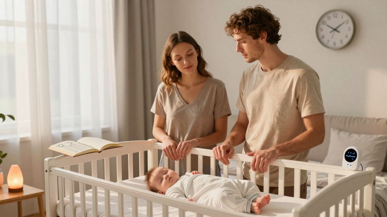 Pais observam bebé a dormir no berço branco num quarto iluminado e acolhedor.