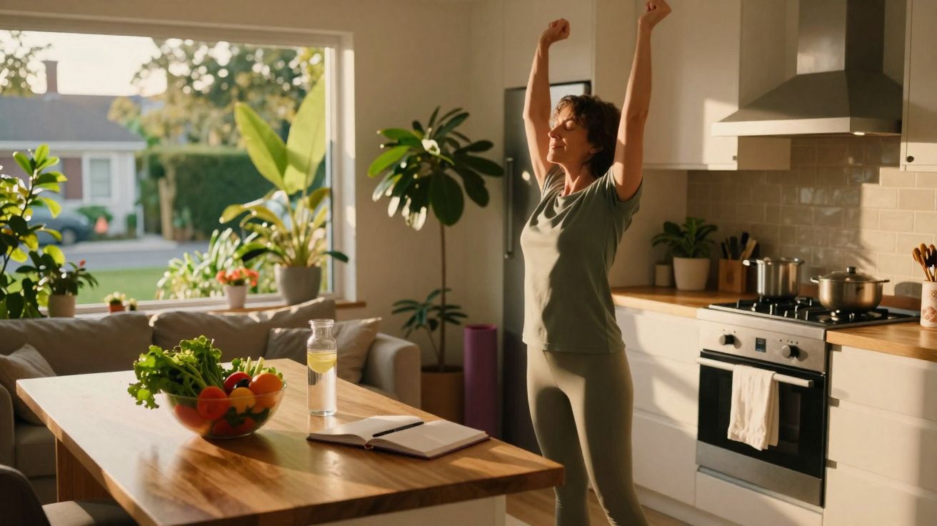 Mulher a espreguiçar-se na cozinha luminosa com frutas frescas na mesa e plantas ao fundo.