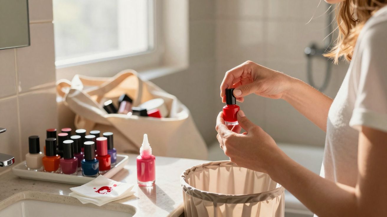 Pessoa a abrir verniz de unhas vermelho junto a várias outras cores numa casa de banho bem iluminada.