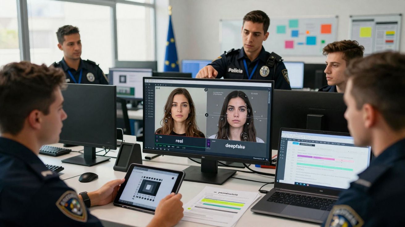 Polícias analisam imagens de rosto real e deepfake num ecrã de computador numa sala de operações digitais.