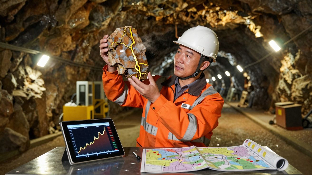 Homem com capacete e roupa de segurança analisa mineral numa mina, com gráfico num tablet e mapa sobre a mesa.