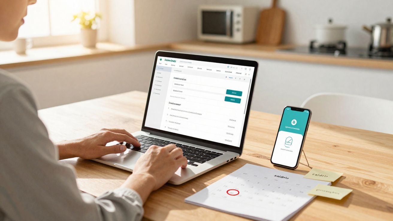 Pessoa a trabalhar num portátil com aplicação aberta, telemóvel apoiado e calendário numa mesa de madeira.