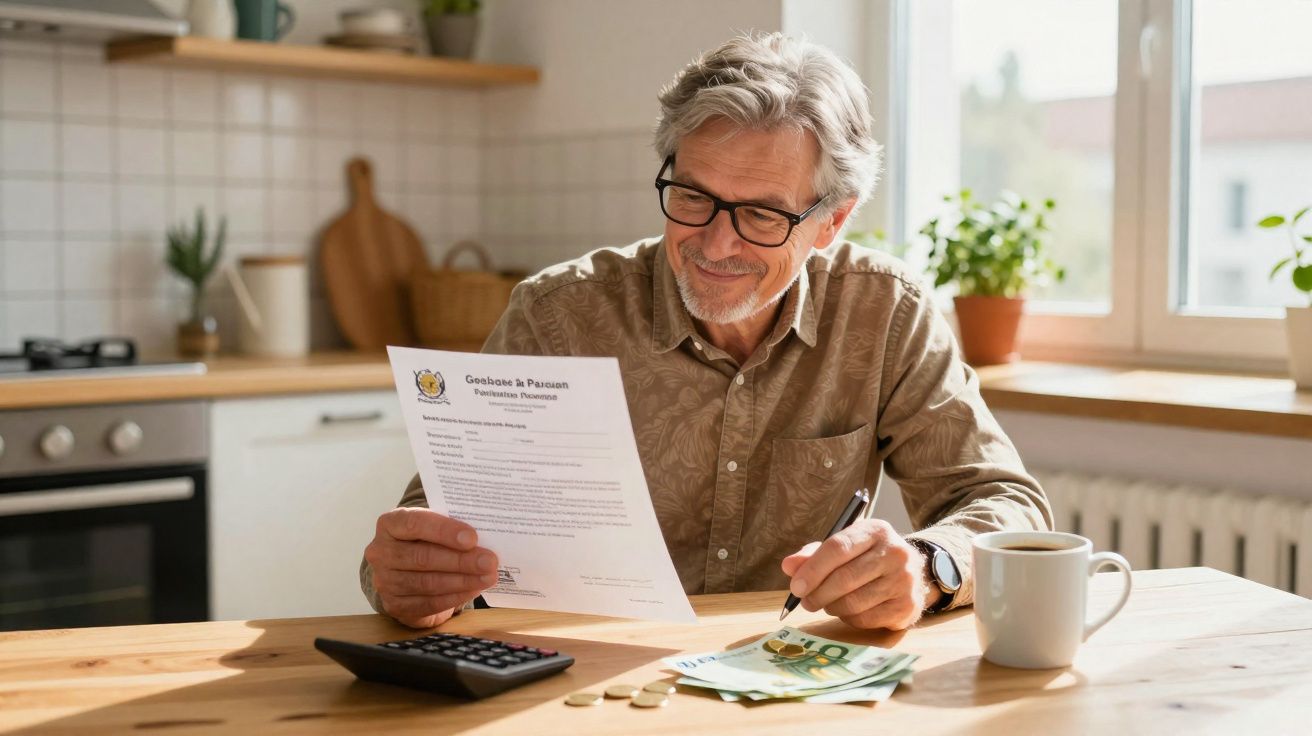 Homem sénior sentado à mesa em casa, a analisar documentos e dinheiro com uma calculadora e caneca.