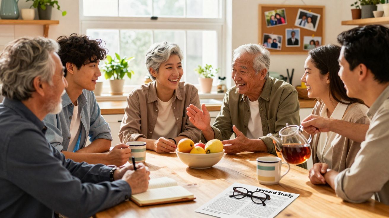 Grupo diverso de pessoas felizes reunidas à volta de uma mesa, a conversar e a beber chá num ambiente acolhedor.