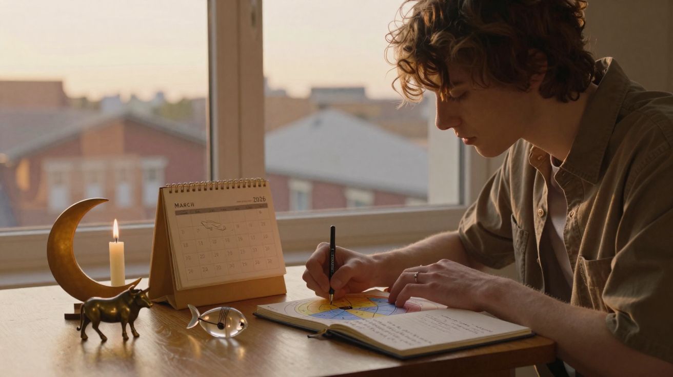 Pessoa a desenhar num caderno iluminada pela luz de uma vela junto a uma janela com vista para edifícios.