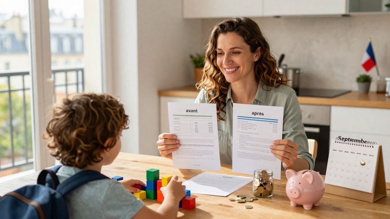 Mulher mostra papéis "antes e depois" a criança sentada à mesa com cofrinho e moedas.