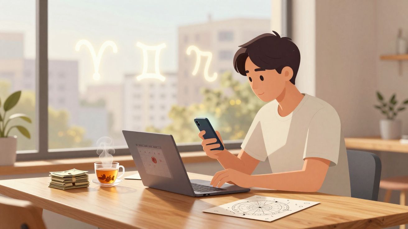 Jovem sentado a trabalhar com laptop e telemóvel, com símbolos do zodíaco visíveis na janela.