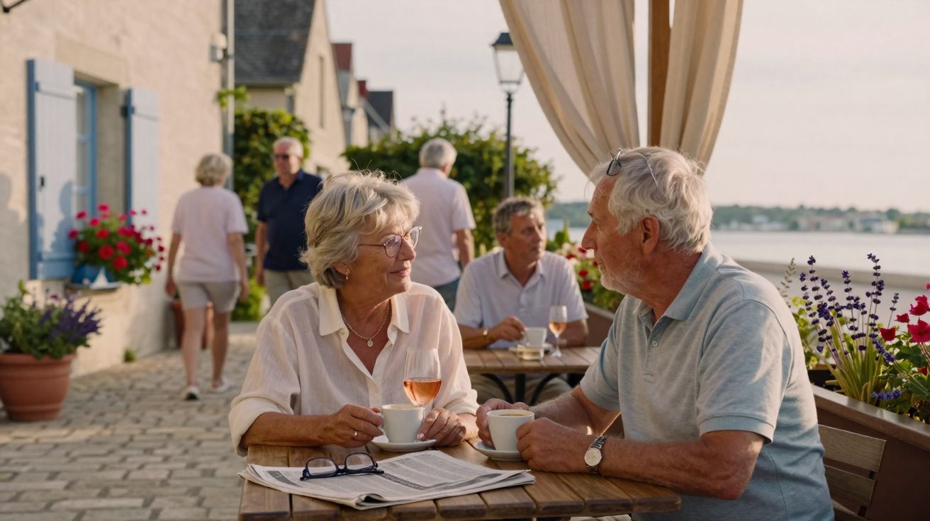 Casal sénior a conversar e a beber café numa esplanada ao ar livre junto a um rio.