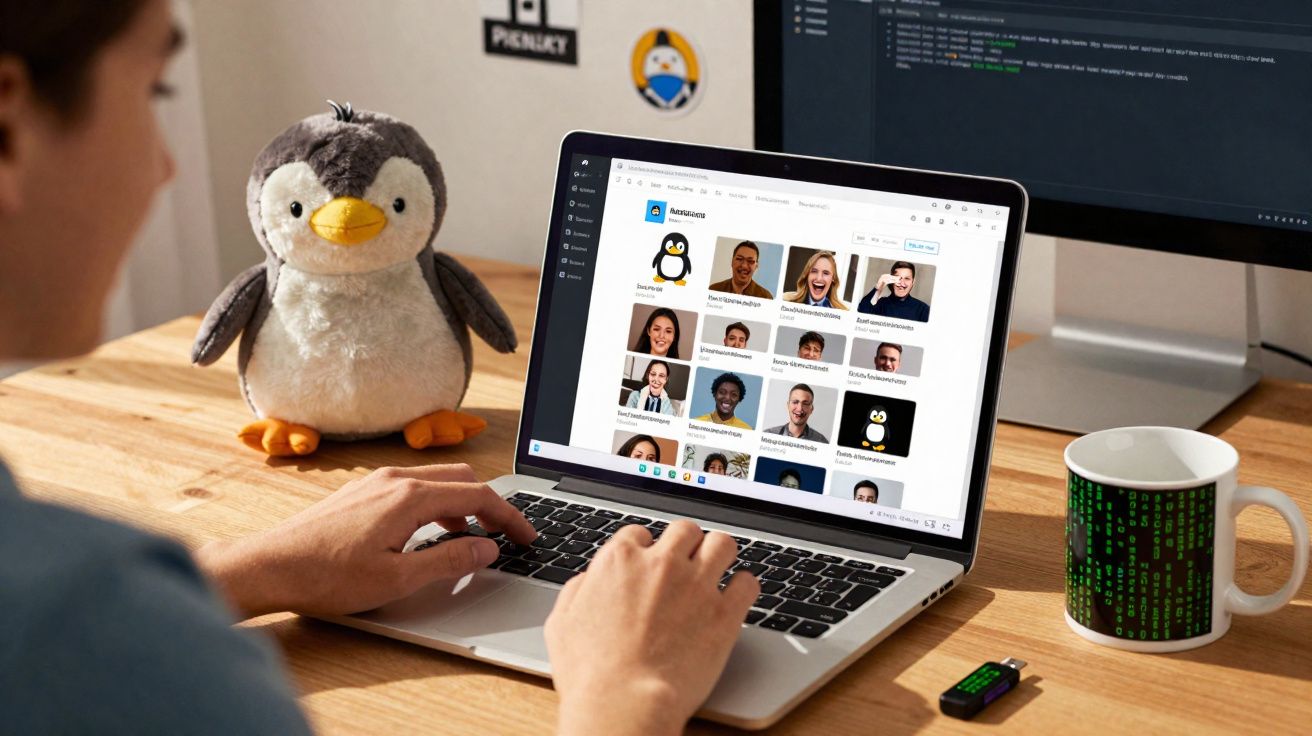 Pessoa a usar portátil numa secretária com peluche de pinguim, chávena temática e ecrã com perfis online.