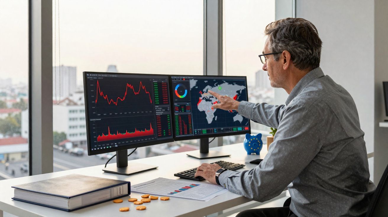 Homem a analisar gráficos e mapas em dois ecrãs num escritório com vista para a cidade.