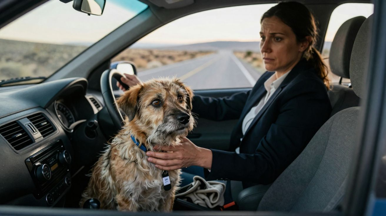 Mulher preocupada sentada no carro com um cão grande no banco dianteiro ao seu lado.