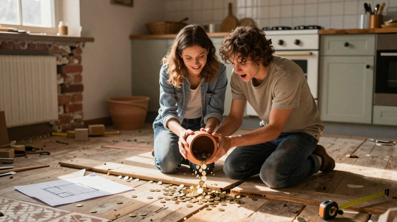 Casal jovem derrama moedas de um mealheiro no chão de um quarto em obra, com plantas e fita métrica à volta.