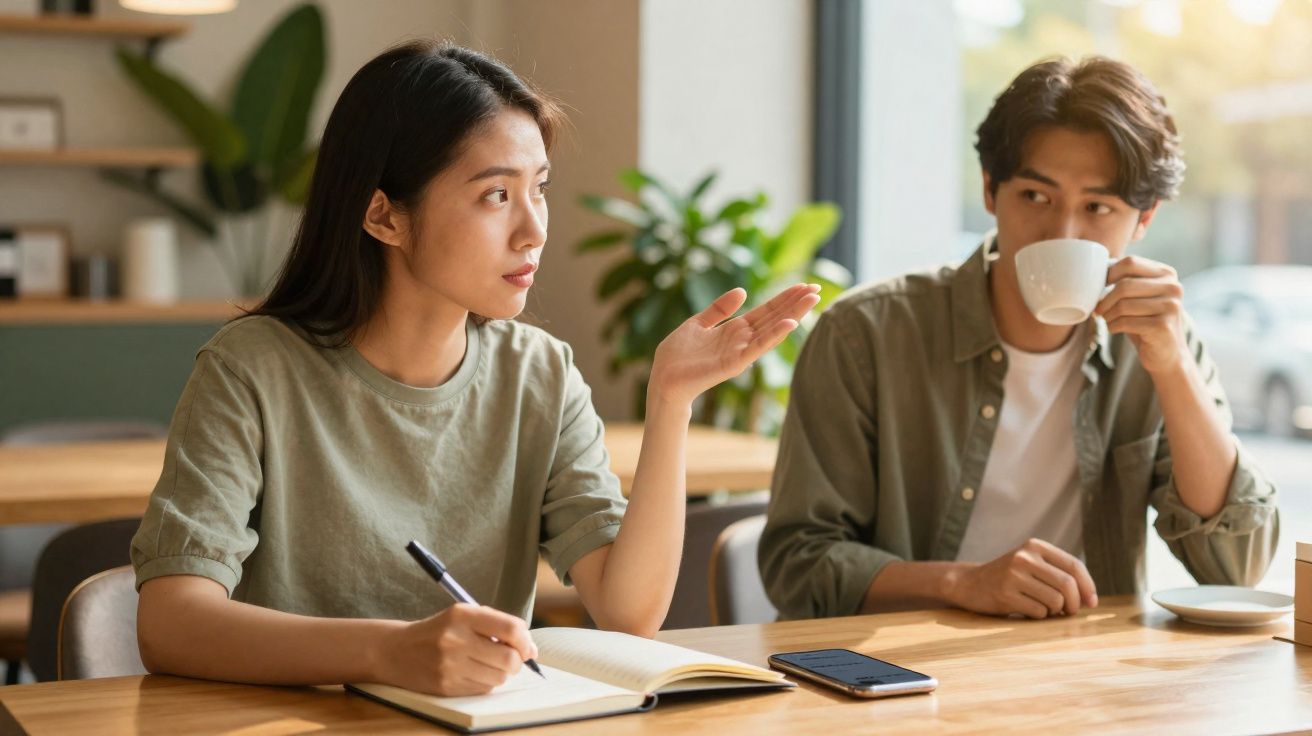 Mulher a falar e a escrever num caderno, homem ao lado a beber de uma chávena num ambiente interior.