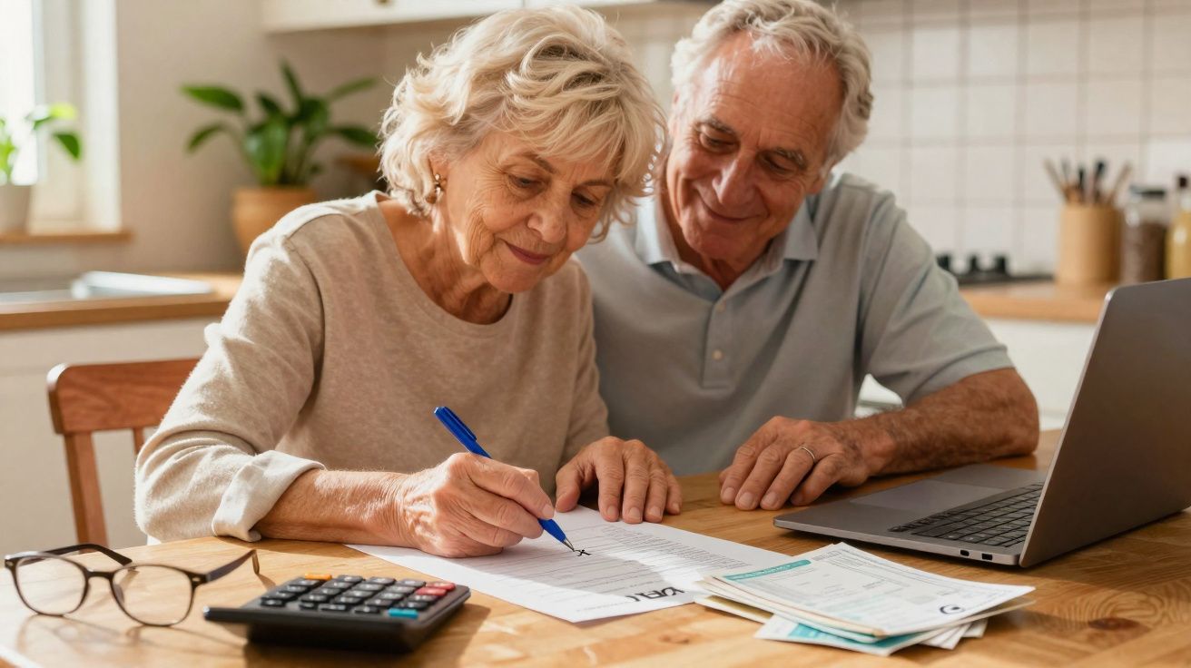 Casal sénior sentado à mesa a preencher documentos com calculadora, óculos e computador portátil.