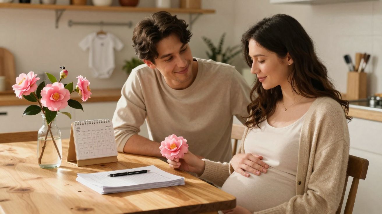 Casal feliz sentado à mesa, mulher grávida segura flor rosa oferecida pelo homem, ambiente acolhedor.