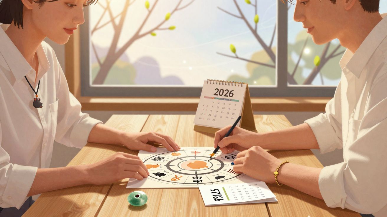 Duas pessoas desenham num círculo astrológico numa mesa de madeira junto a calendários de 2026 e 2023.