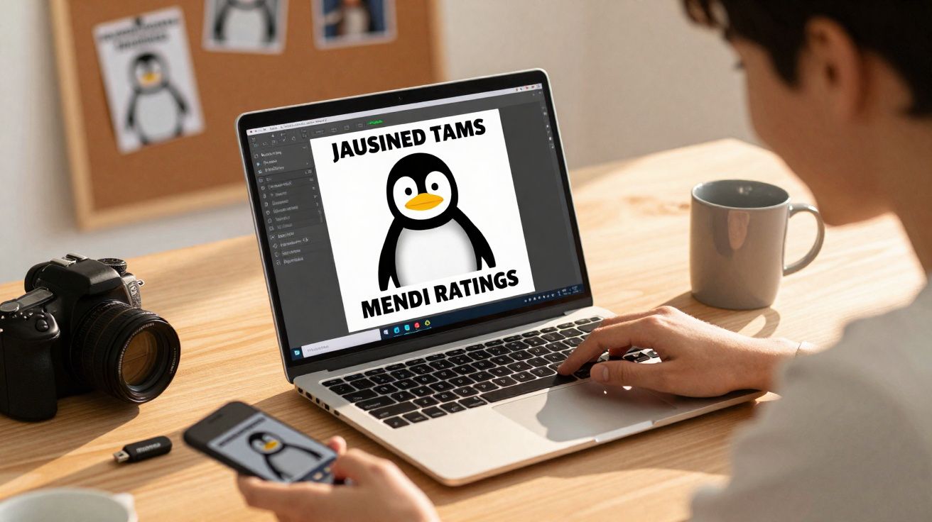 Pessoa a usar computador portátil e telemóvel com imagem de pinguim e texto num escritório.