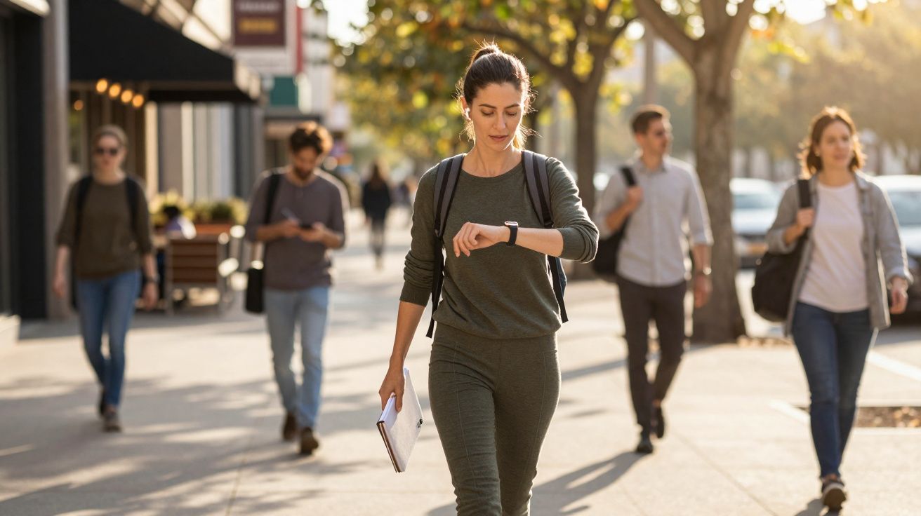Mulher com roupa casual verifica relógio num passeio urbano enquanto outras pessoas caminham ao fundo.