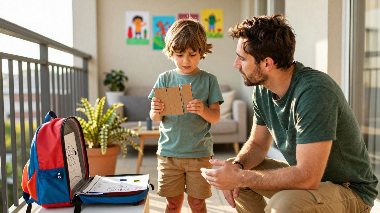 Pai e filho a brincar com peças de um puzzle numa varanda iluminada pelo sol.
