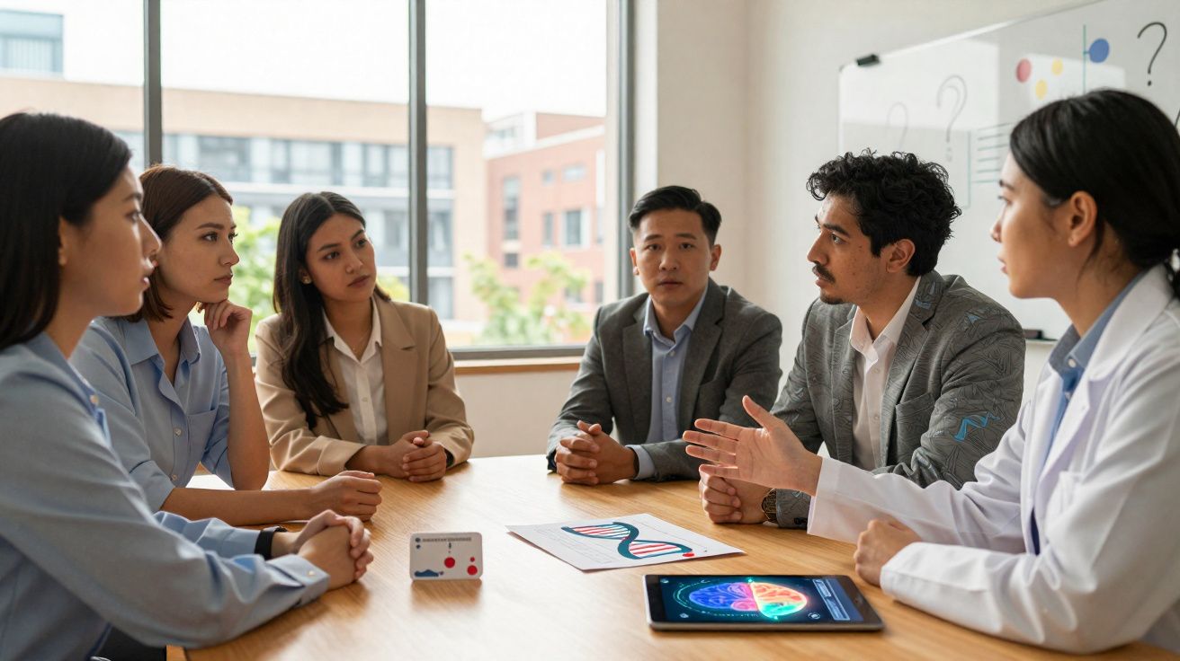 Grupo diversificado de profissionais a discutir dados genéticos numa reunião formal numa sala luminosa.