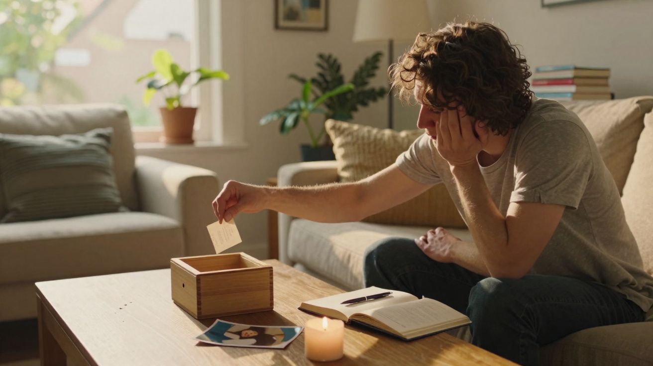 Homem sentado no sofá a guardar nota num caixote de madeira, com fotos e vela na mesa de centro.