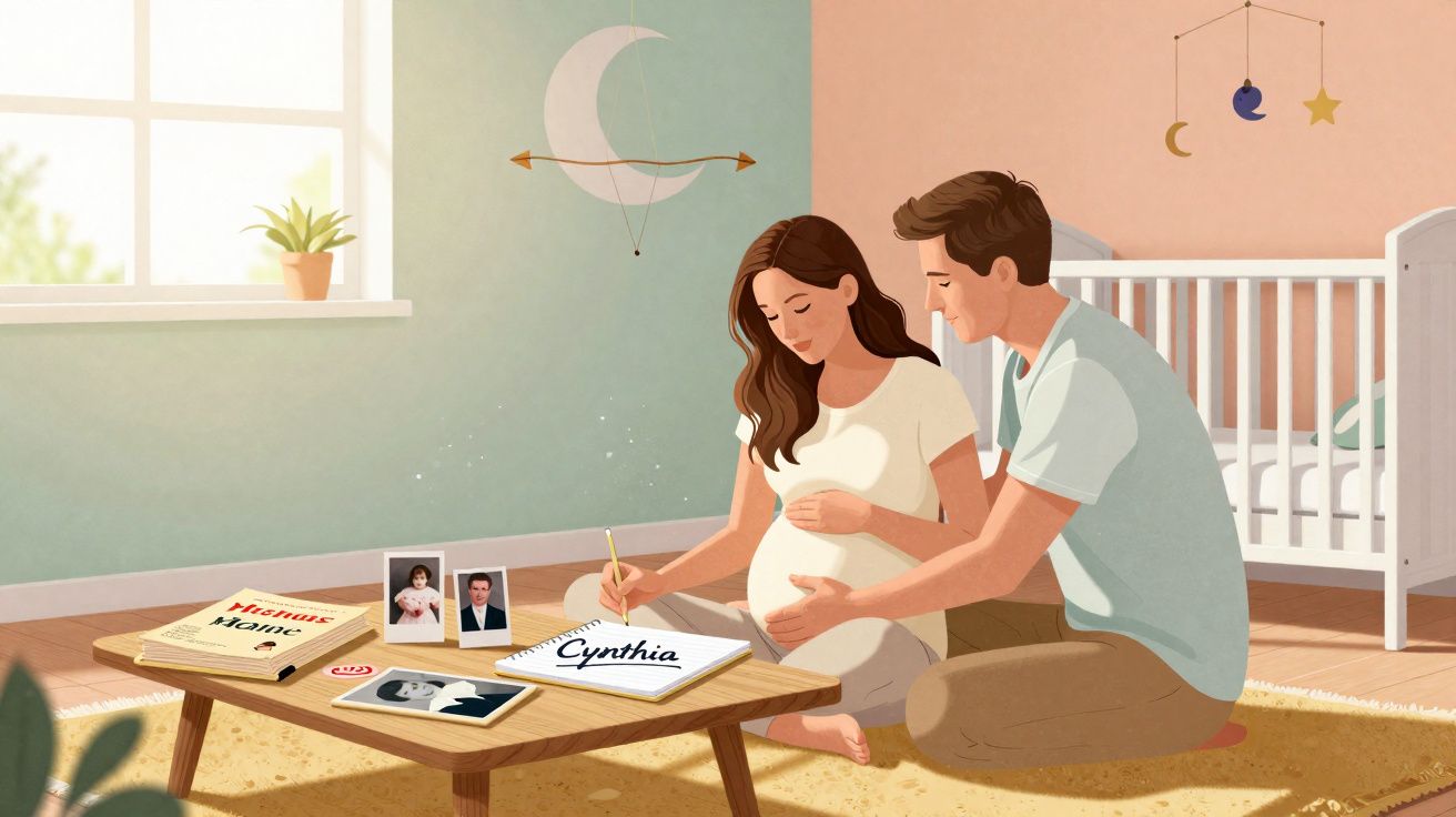 Casal grávido sentado no chão a escolher o nome Cynthia para a filha numa sala de bebé.