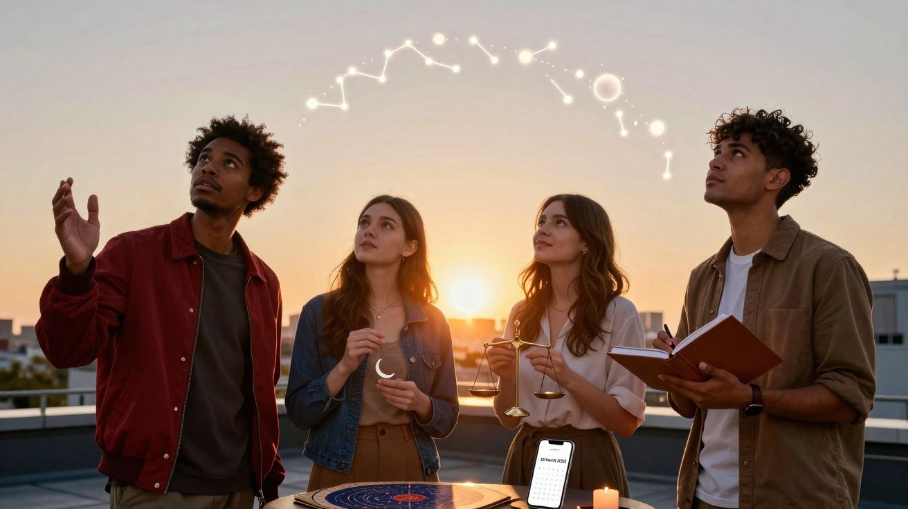 Quatro jovens observam constelações no céu ao pôr do sol, com símbolos astrológicos e objetos místicos.