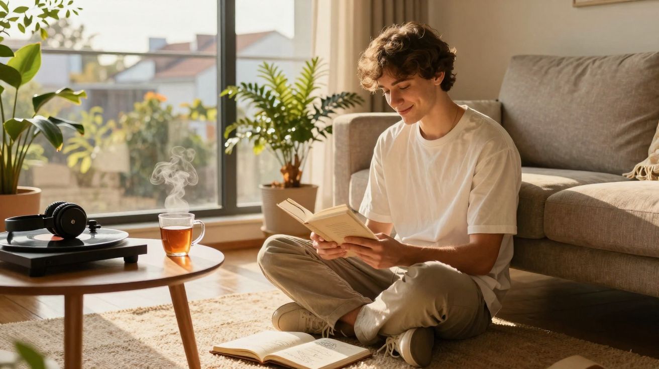 Jovem sentado no chão a ler um livro numa sala luminosa com plantas e uma chávena de chá quente na mesa.