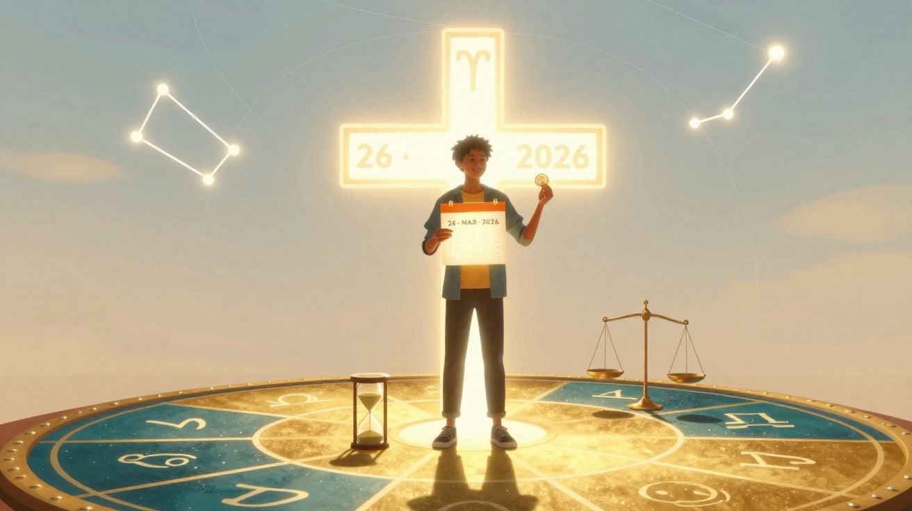 Pessoa jovem em roda zodiacal segurando calendário e moeda, com símbolos e balança brilhando ao fundo.