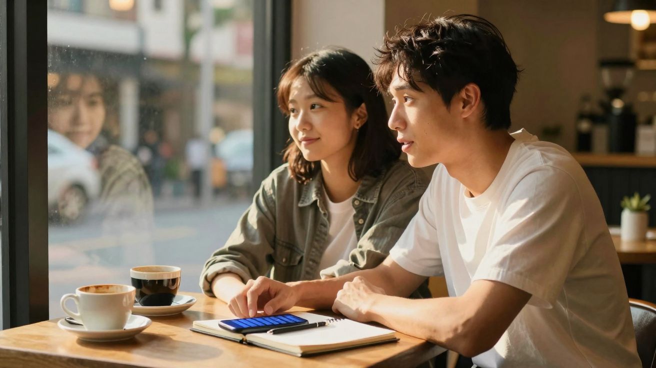 Casal jovem sentado numa mesa de café com cadernos, telemóvel e duas chávenas de café à frente.
