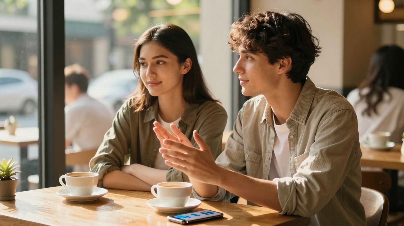 Dois jovens sentados numa cafetaria, conversando e com chávenas de café à frente.