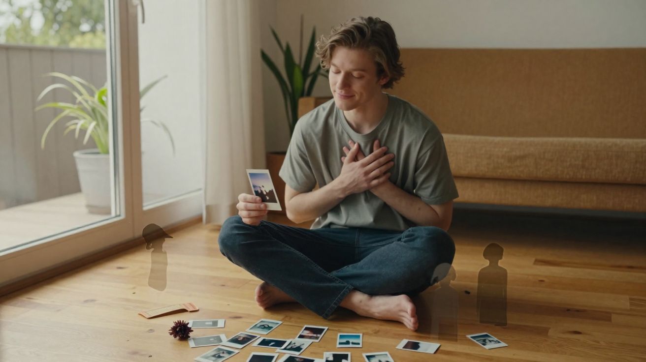 Homem sentado no chão a sorrir e a olhar com emoção para uma fotografia entre várias espalhadas.