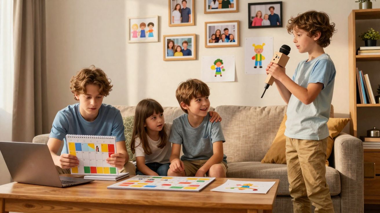 Crianças em sala de estar, três sentadas a brincar e um menino em pé a cantar com um microfone.