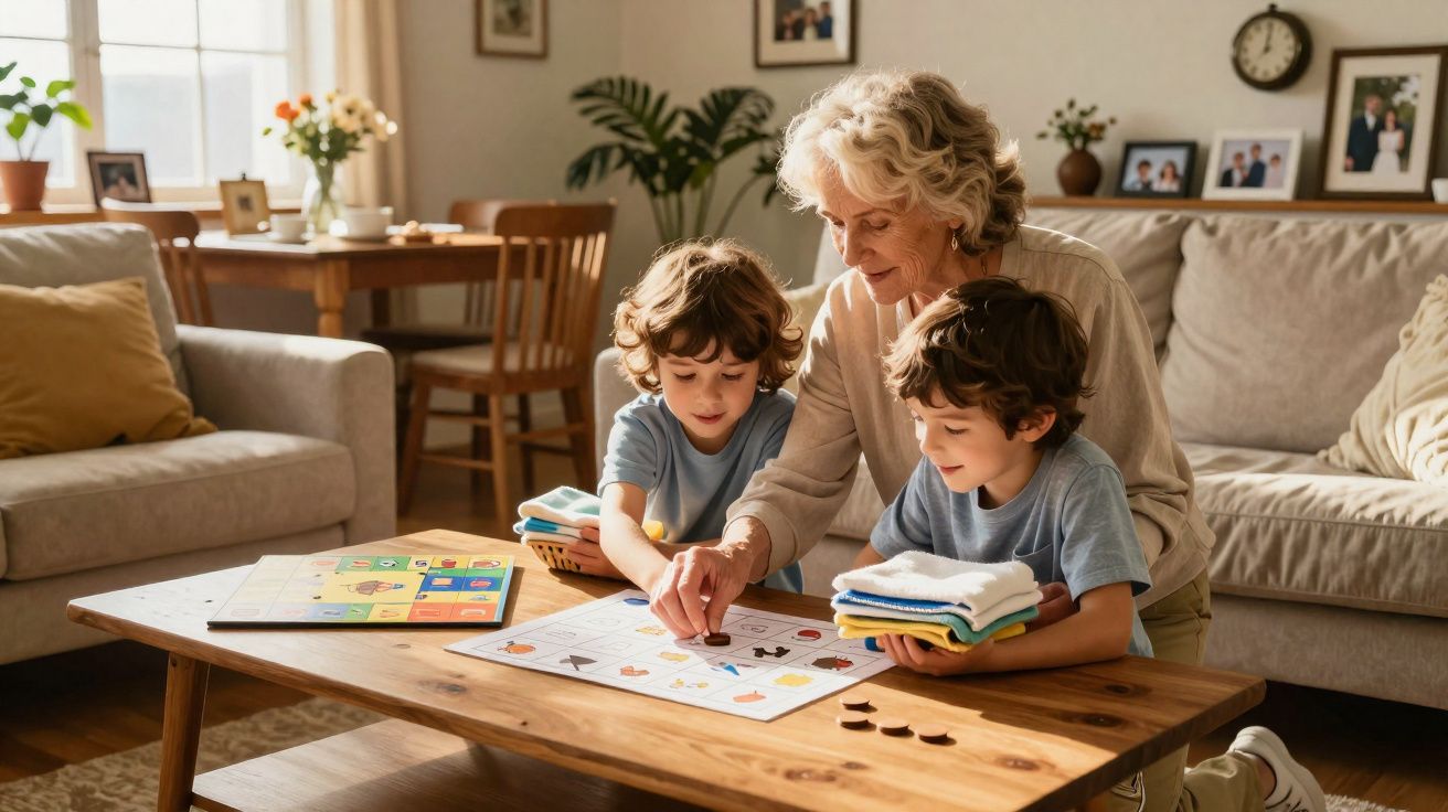 Avó a jogar jogos de tabuleiro com os netos numa sala de estar acolhedora e iluminada pela manhã.
