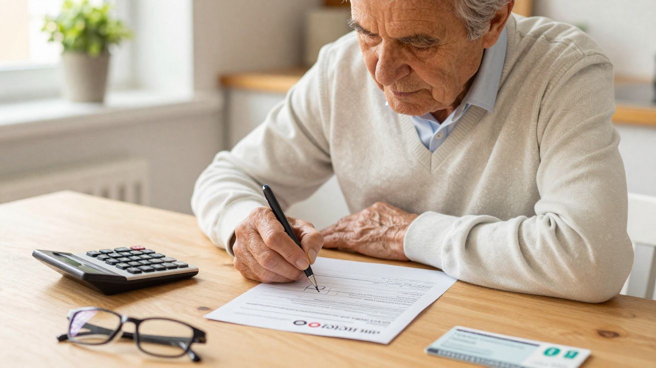 Idoso a preencher documento sentado à mesa com calculadora, óculos e cartão sobre a madeira.