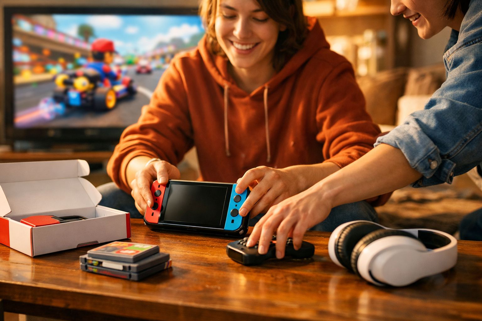 Duas pessoas a jogar videojogos numa consola portátil colorida com comandos e auscultadores numa mesa.