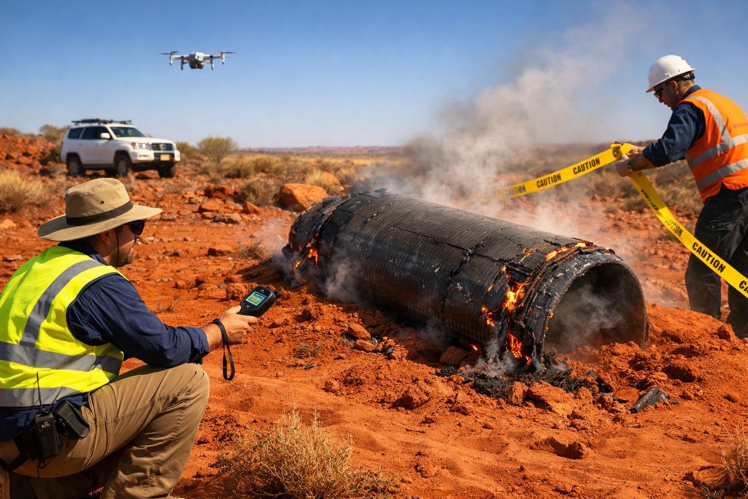Dois homens com coletes reflectores inspecionam tubo queimado num terreno árido, com drone e viatura ao fundo.