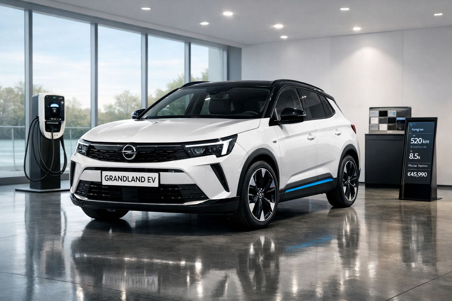 Carro elétrico Opel Grandland EV branco numa exposição moderna com carregador elétrico e painel informativo.