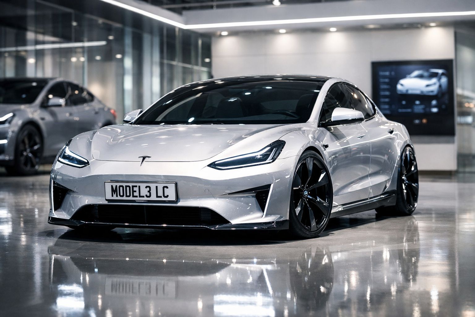 Carro eléctrico Tesla Model 3 prata estacionado num showroom moderno com iluminação interior.