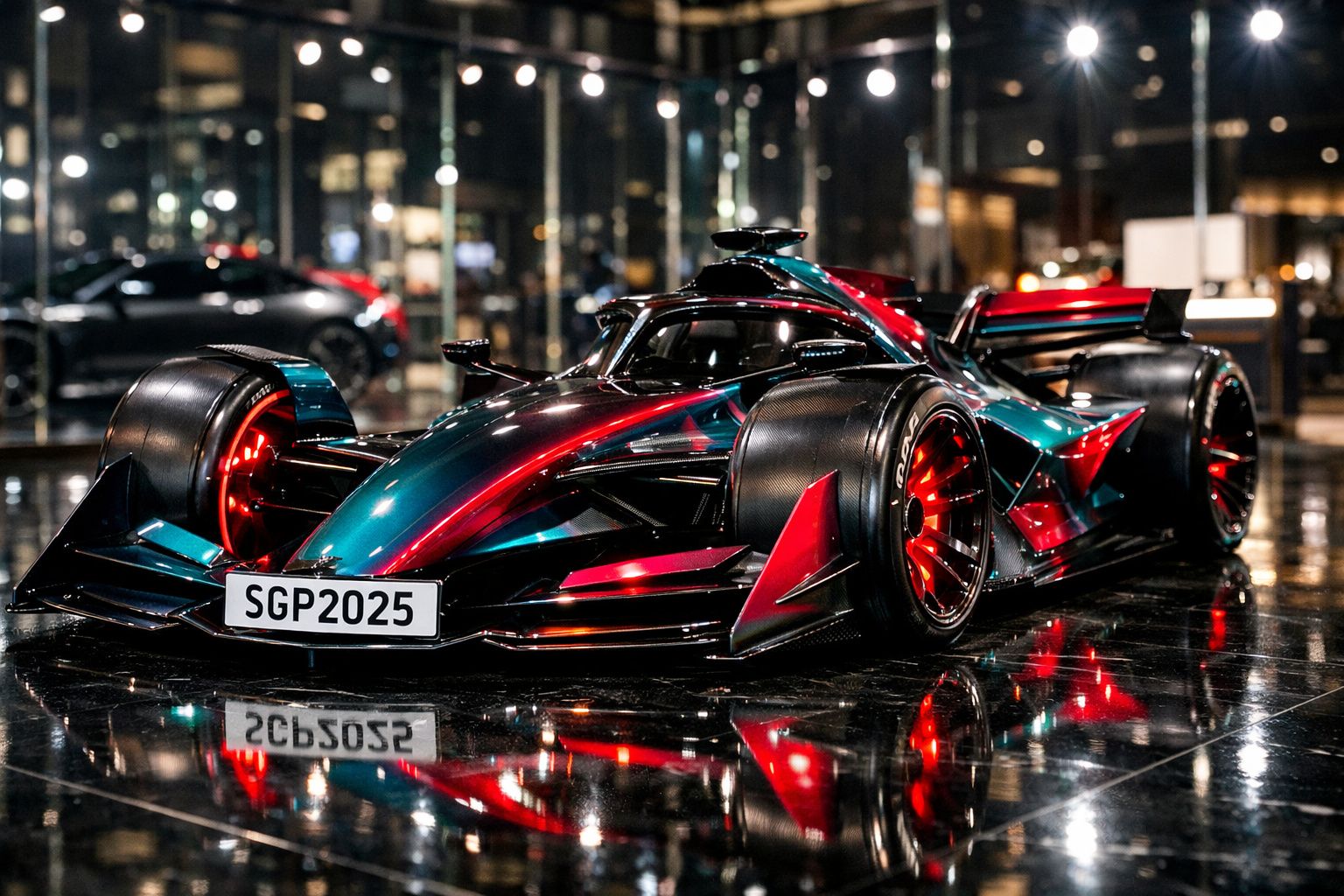 Carro de Fórmula 1 futurista com design aerodinâmico e cores metalizadas em exposição interior.