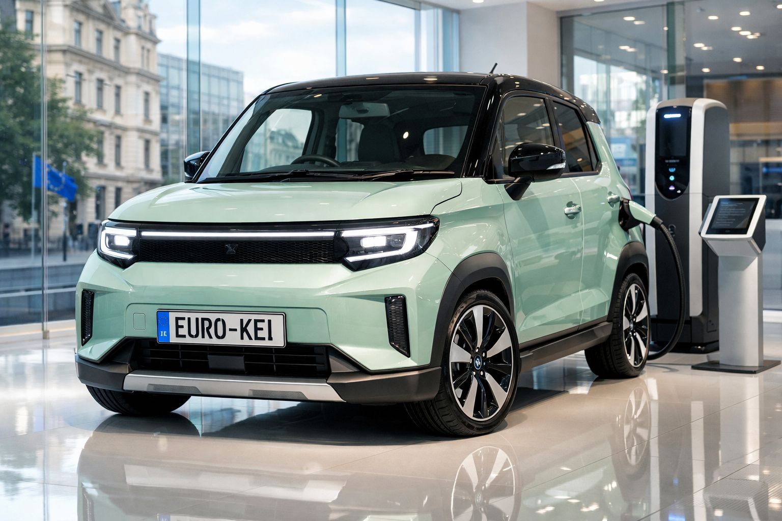 Carro elétrico compacto verde a carregar numa estação de carregamento num espaço moderno e iluminado.