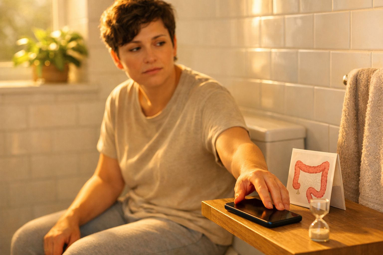 Pessoa sentada numa casa de banho a alcançar um telemóvel numa mesa com imagem do intestino e ampulheta.