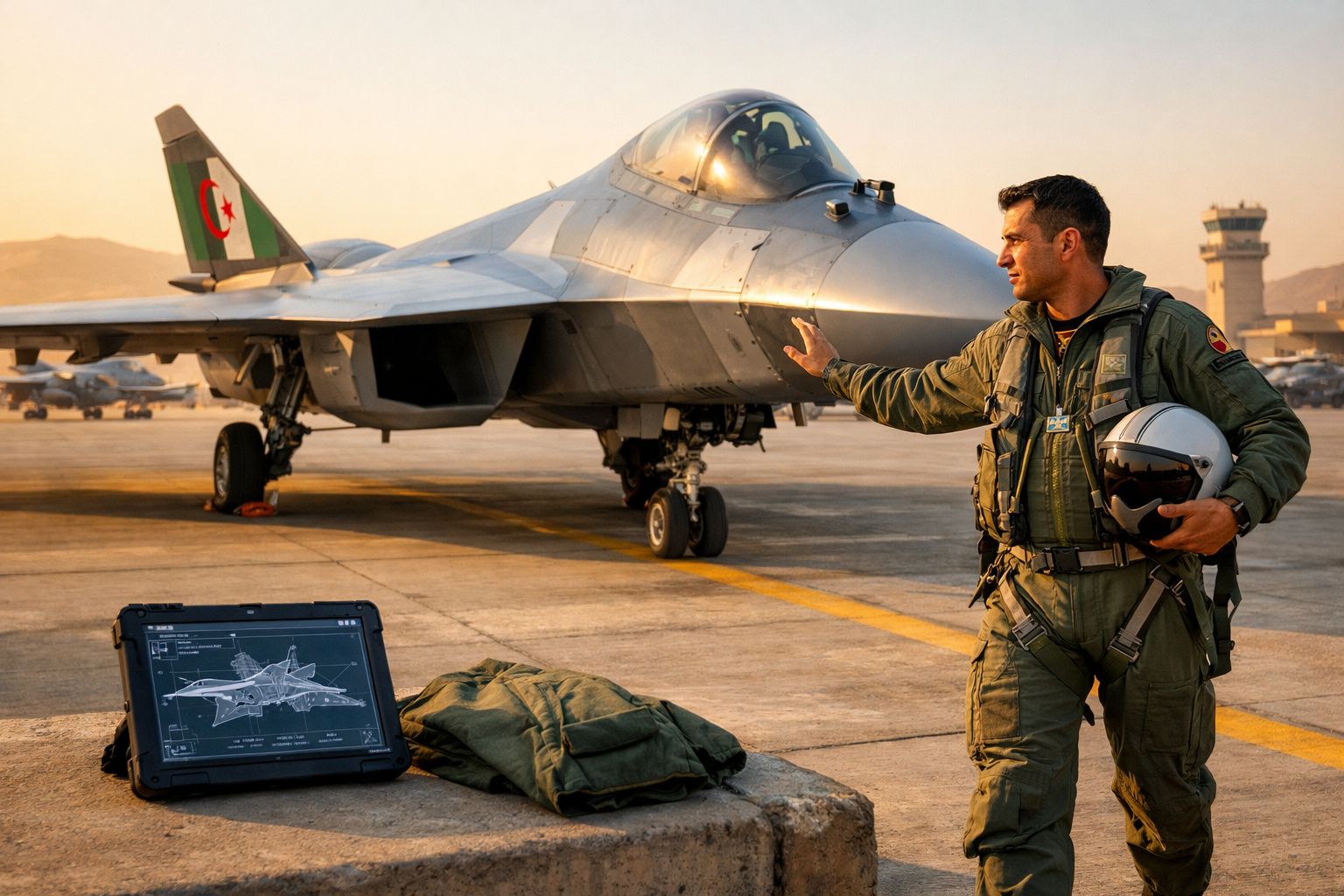 Piloto militar com fato de voo e capacete ao lado de caça estacionado na pista durante o pôr do sol.