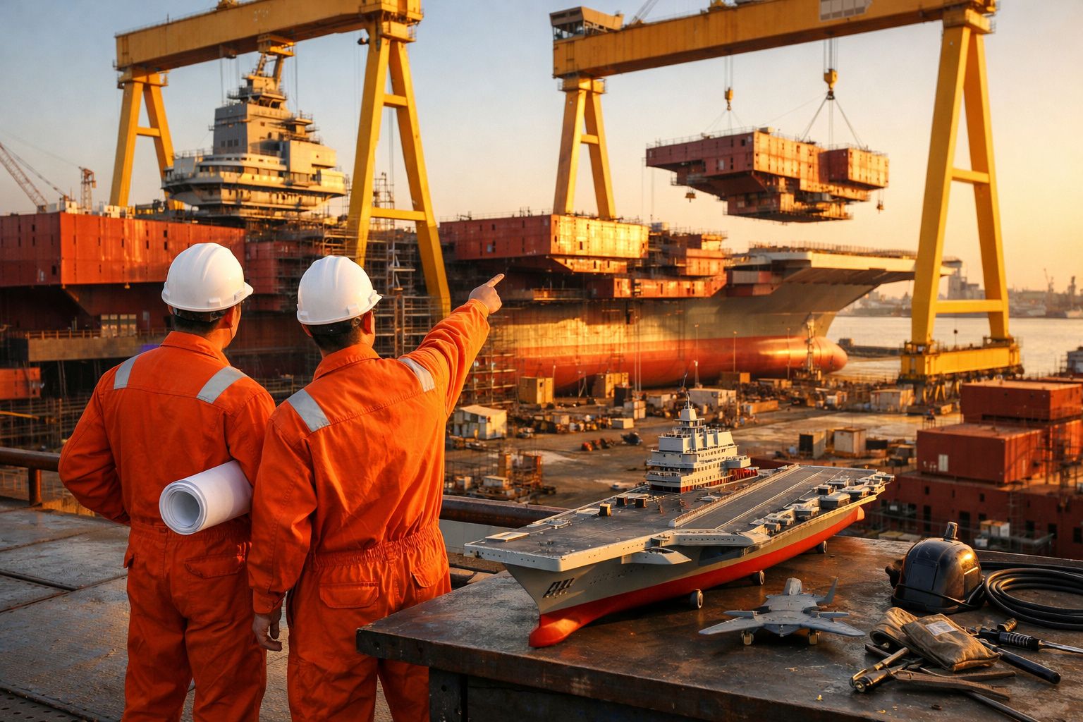 Dois engenheiros de capacete e fato laranja observam construção naval com guindastes e modelo de porta-aviões.