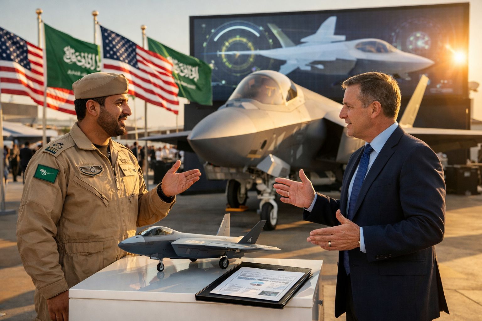 Dois homens, um em uniforme militar e outro de fato, discutem em exposição de aviões de combate com bandeiras dos EUA e Arábi