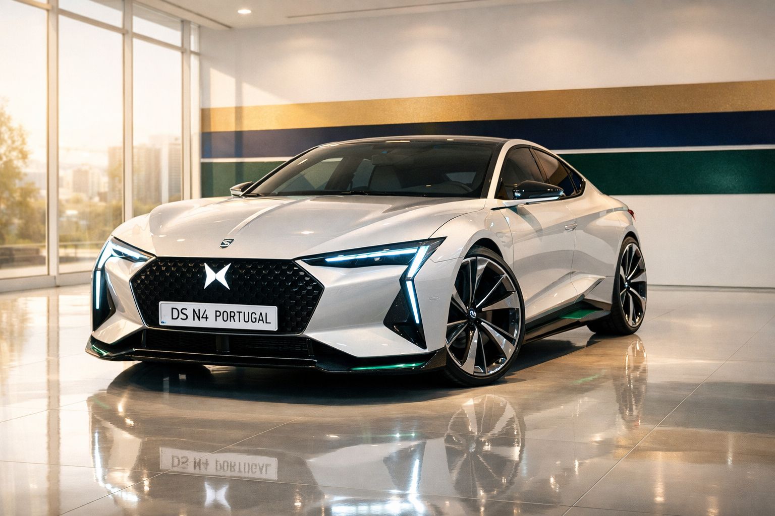 Carro desportivo elétrico branco DS N4 Portugal estacionado em piso refletor numa sala moderna.
