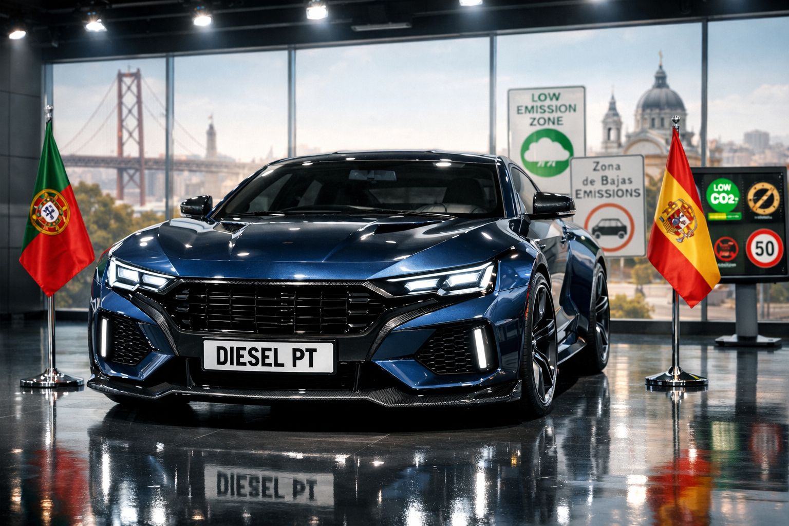 Carro desportivo azul com matrícula "DIESEL PT" entre bandeiras de Portugal e Espanha em exposição urbana.