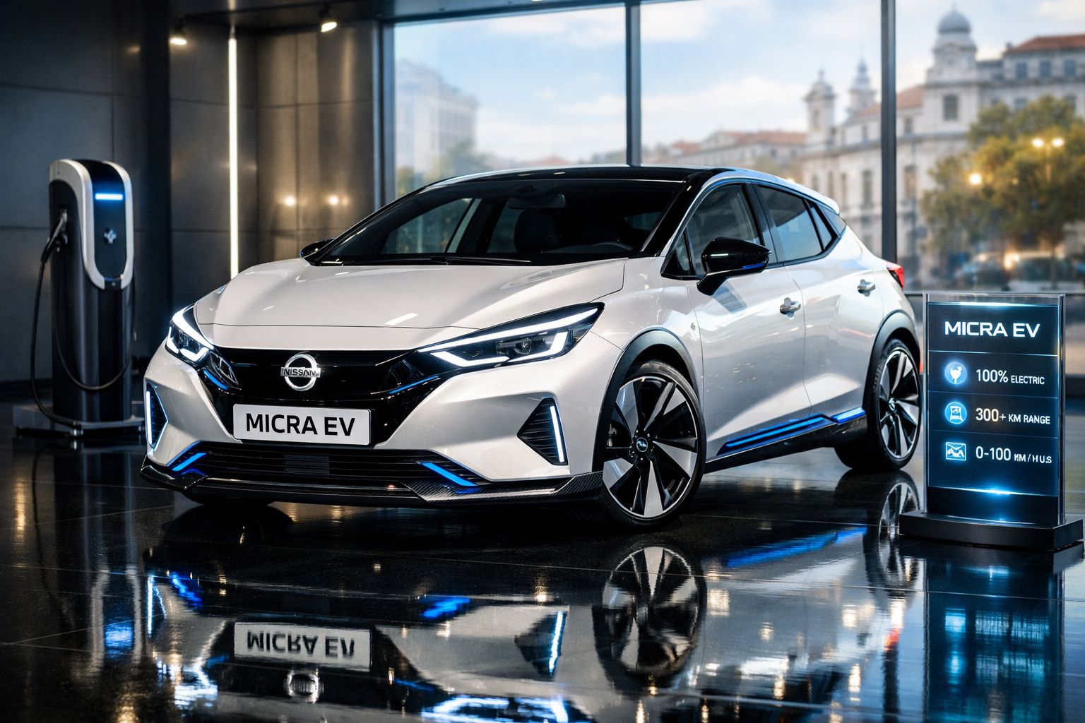 Carro elétrico Nissan Micra EV branco em exibição com estação de carregamento e painel informativo iluminado.