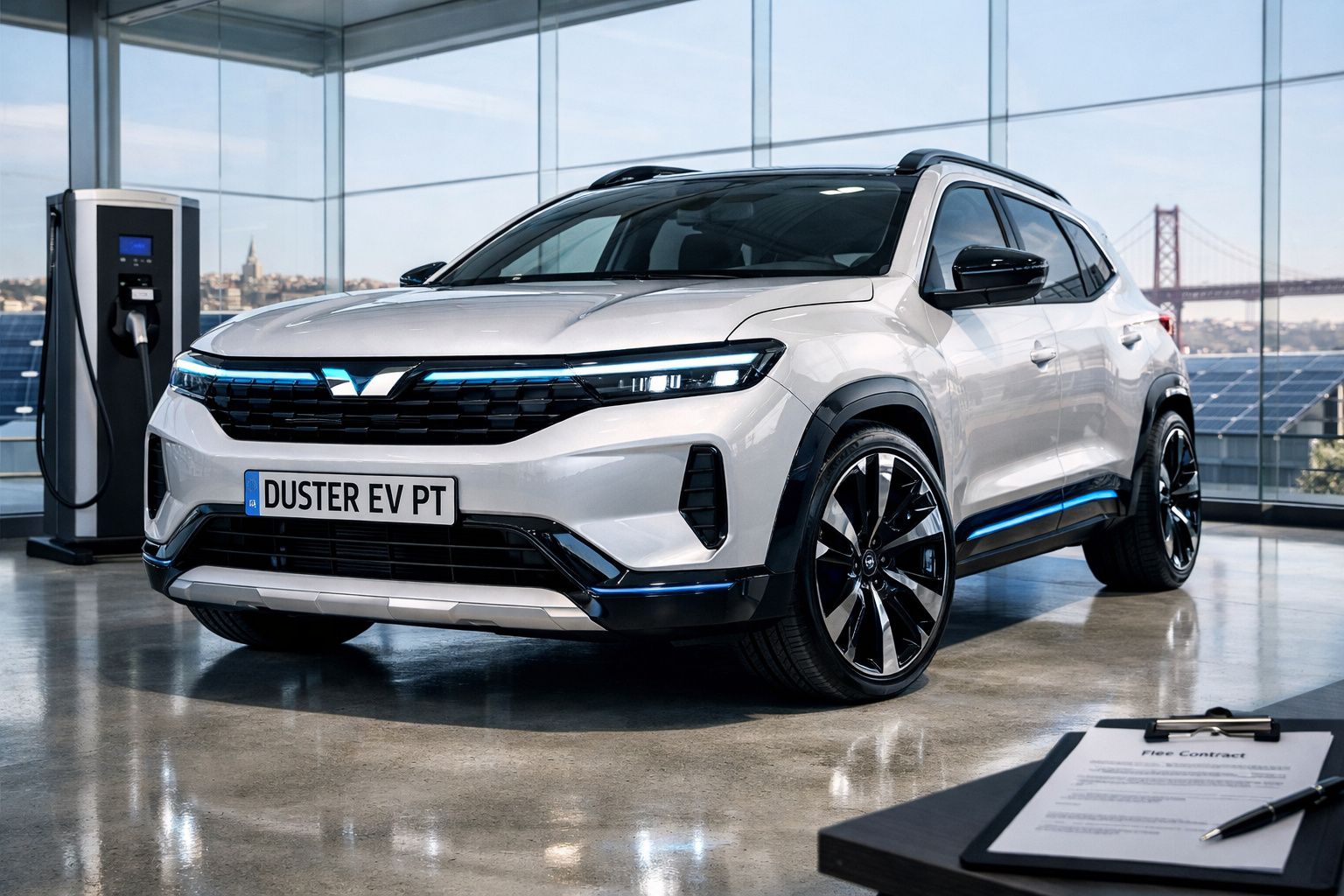 Carro elétrico branco Duster EV estacionado para carregamento num espaço moderno com vista para a ponte.
