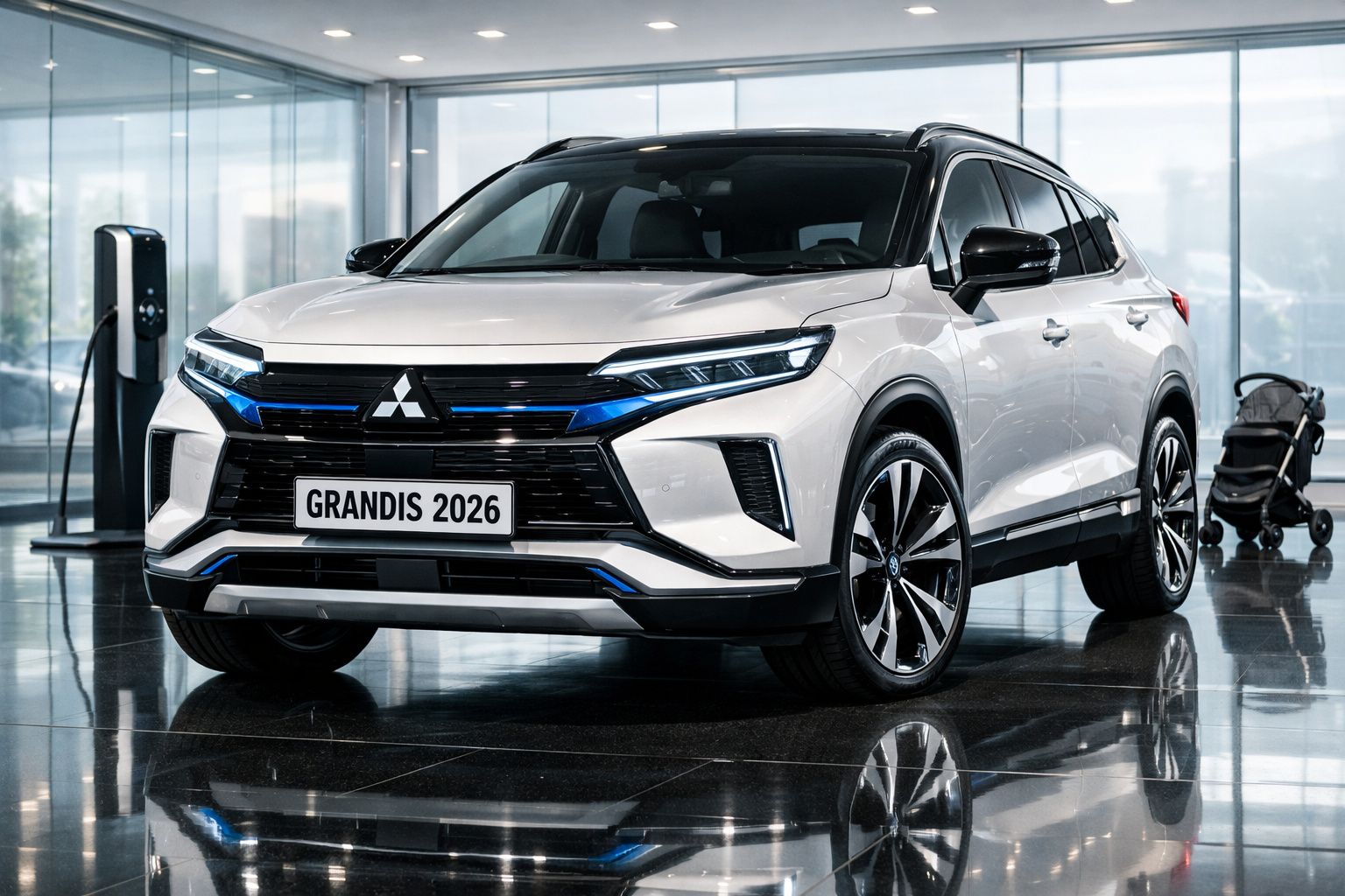 Carro elétrico Mitsubishi Grandis 2026 branco, em exposição, com carregador e carrinho de bebé ao fundo.
